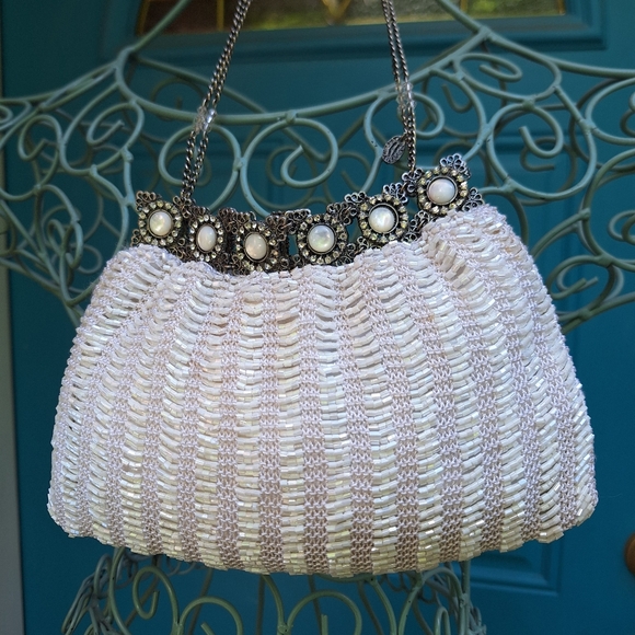 Beaded Mini Bag Sequin Purse Handmade Pearly White Metal Sequence Wedding bags - Picture 7 of 10